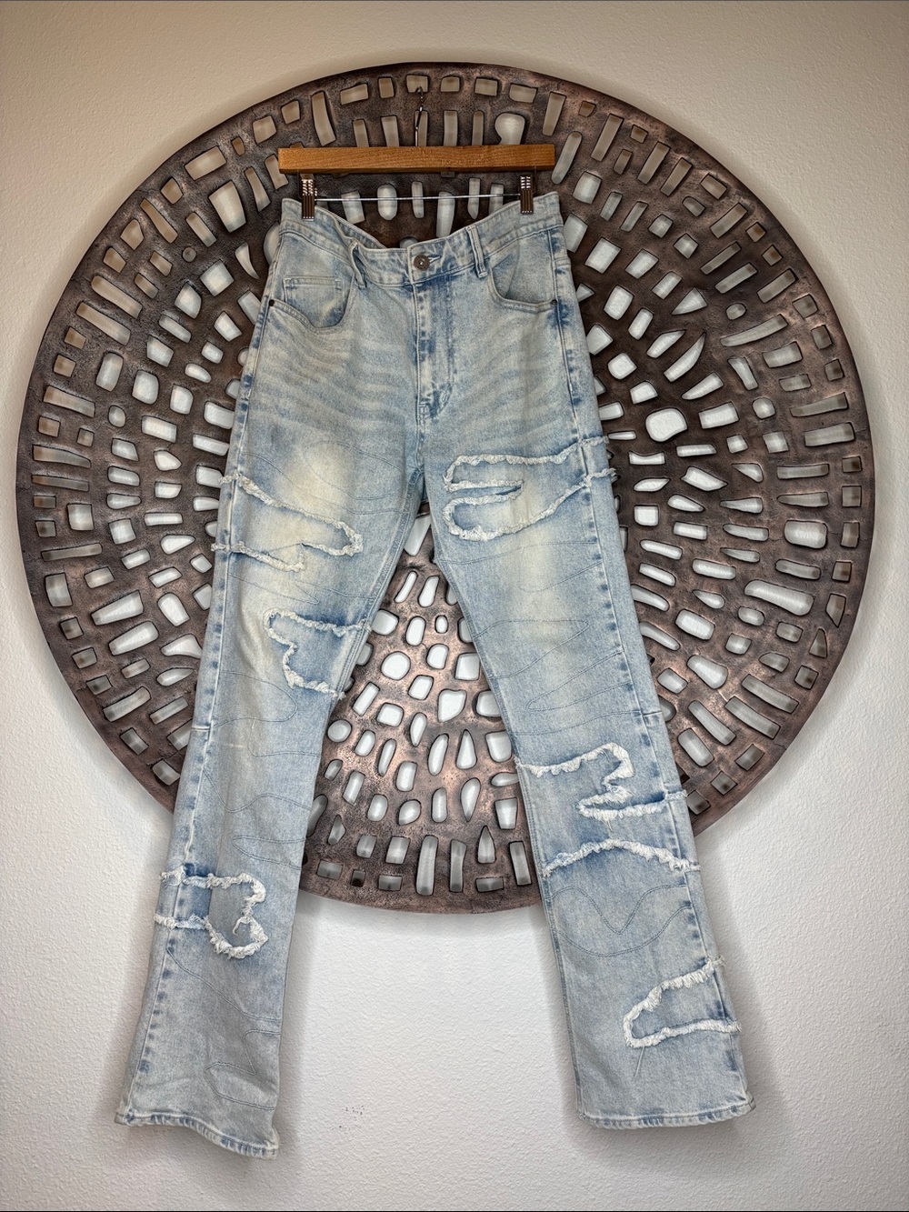 💙 KDNK Men’s Distressed Straight Leg Jeans 36 Light Wash Stretch Streetwear 💙
